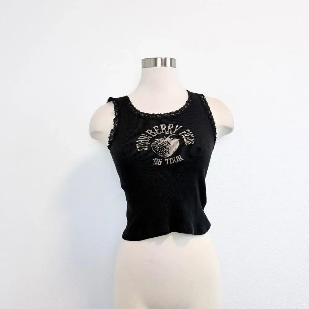 John Galt Black Strawberry Graphic Baby Tee Shirt XS/S Tank Top Lace